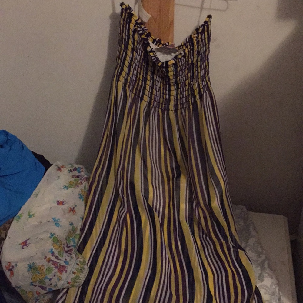 Strapless yellow and purple striped dress